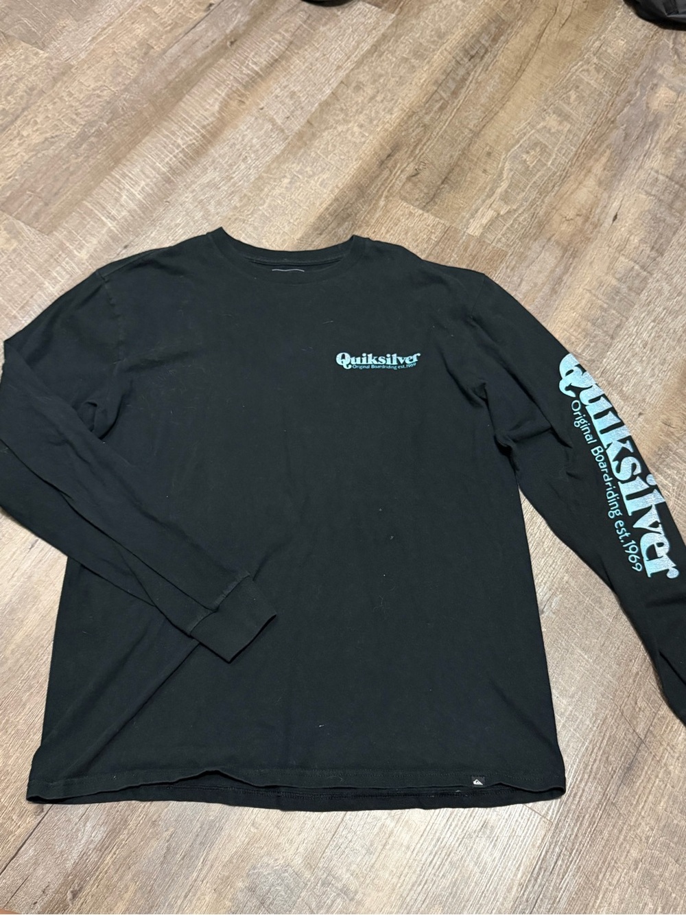 Quiksilver Black Long Sleeve Tee with Teal Logo and Sleeve Print